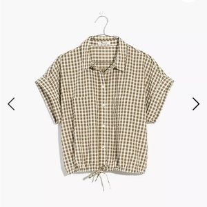 NWT Madewell Seersucker Button up drawstring shirt Green & cream plaid Women’s S